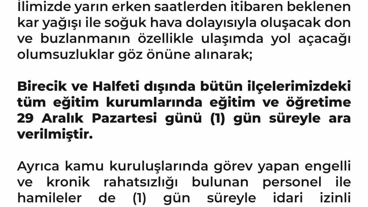 Şanlıurfa'da 29 Aralık'ta Kar Tatili — Halfeti ve Birecik Hariç