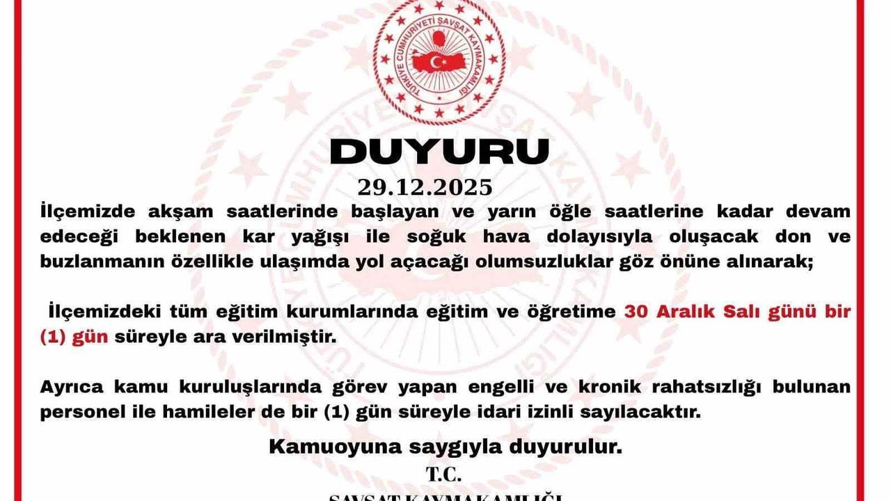 Şavşat’ta 30 Aralık’ta eğitime kar nedeniyle 1 gün ara