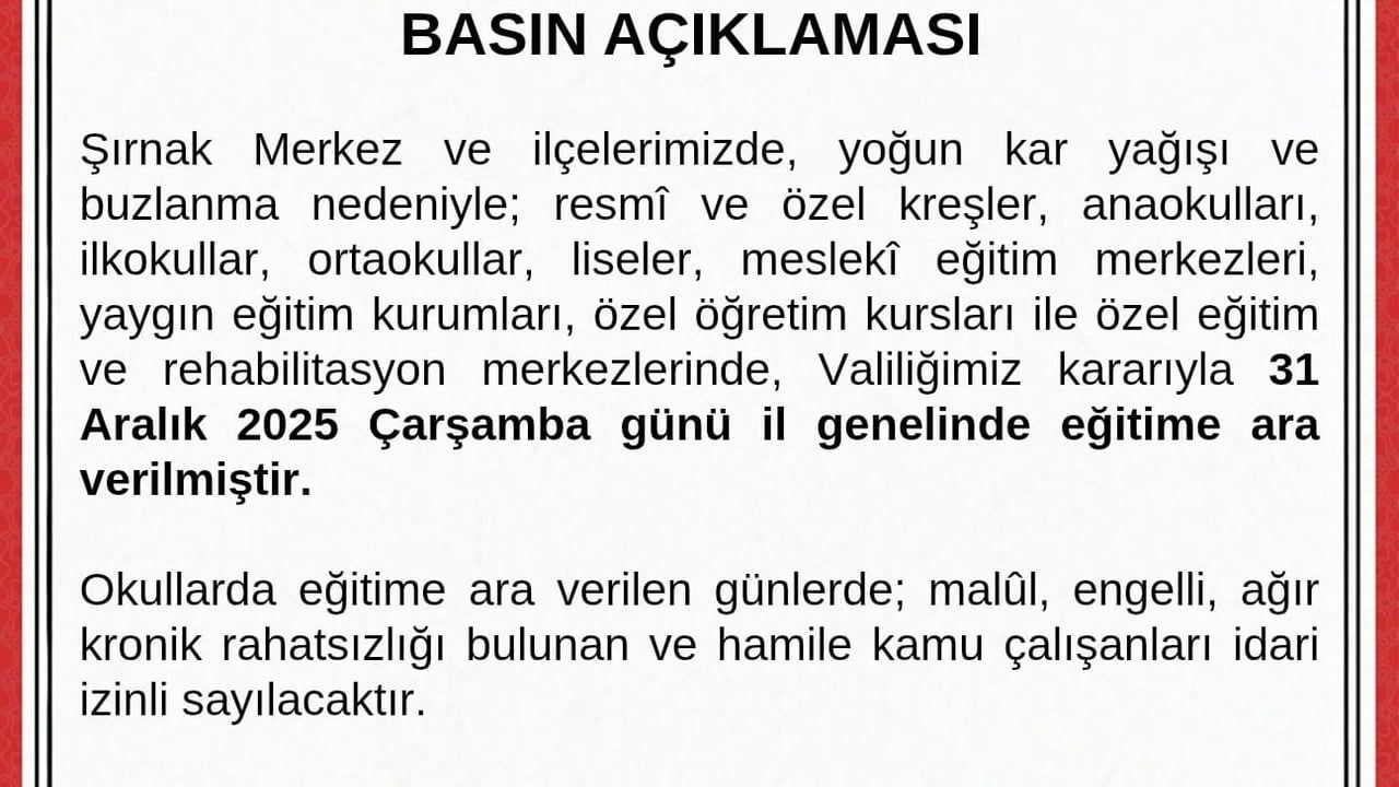 Şırnak'ta Yoğun Kar: 31 Aralık 2025 Çarşamba Okullar Tatil