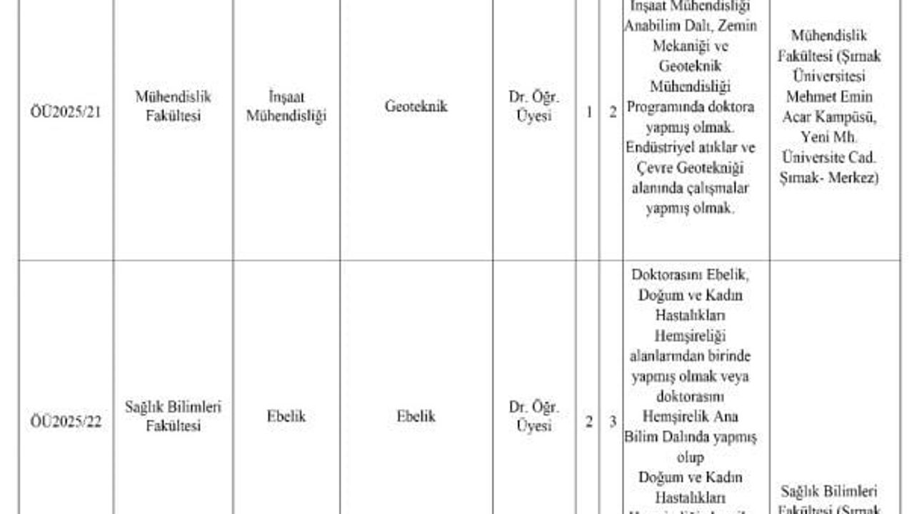 Şırnak Üniversitesi'nin 17 Aralık 2025 Akademik Kadro İlanları