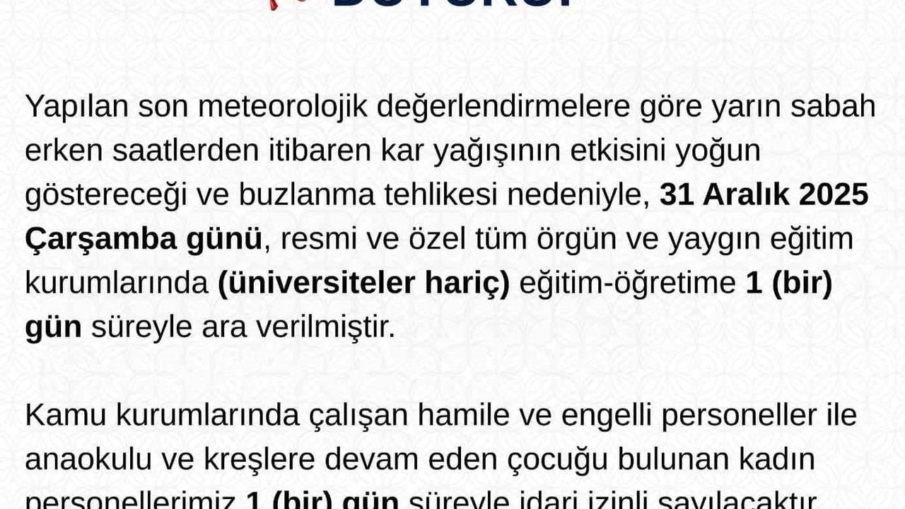Tunceli'de Eğitime Kar ve Buzlanma Nedeniyle 1 Gün Ara — 31 Aralık 2025