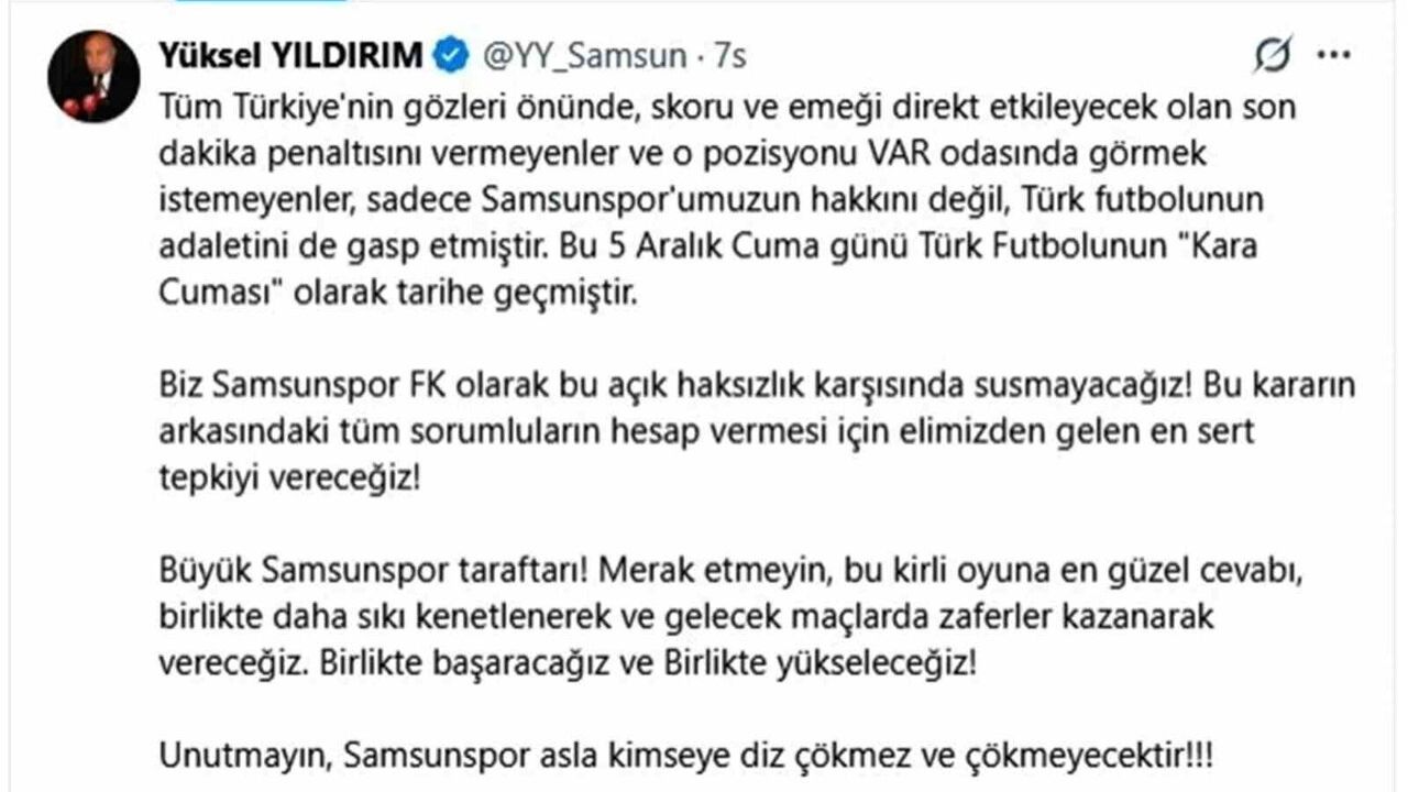 Yüksel Yıldırım: Samsunspor asla diz çökmez — Galatasaray maçına tepki