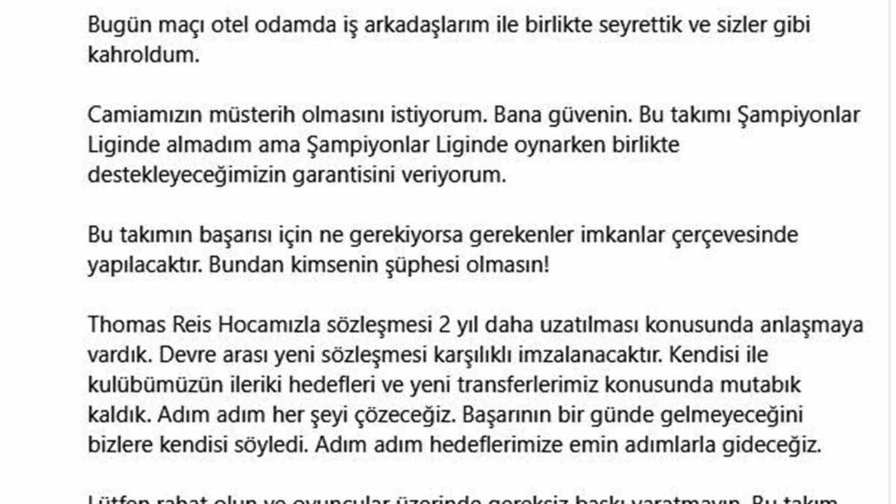 Yüksel Yıldırım: Thomas Reis ile 2 Yıllık Sözleşme Yenileyeceğiz