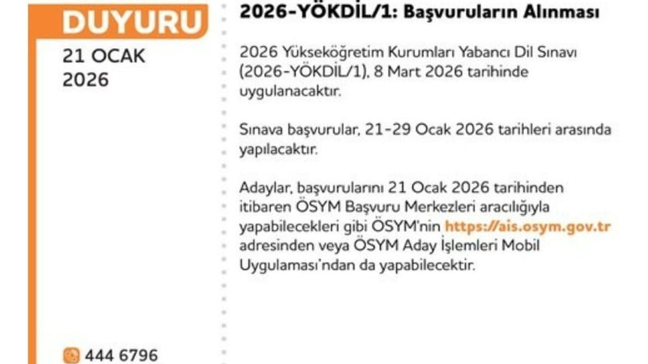 2026 YÖKDİL-1 Başvuruları Başladı: ÖSYM 21-29 Ocak'ta Alıyor