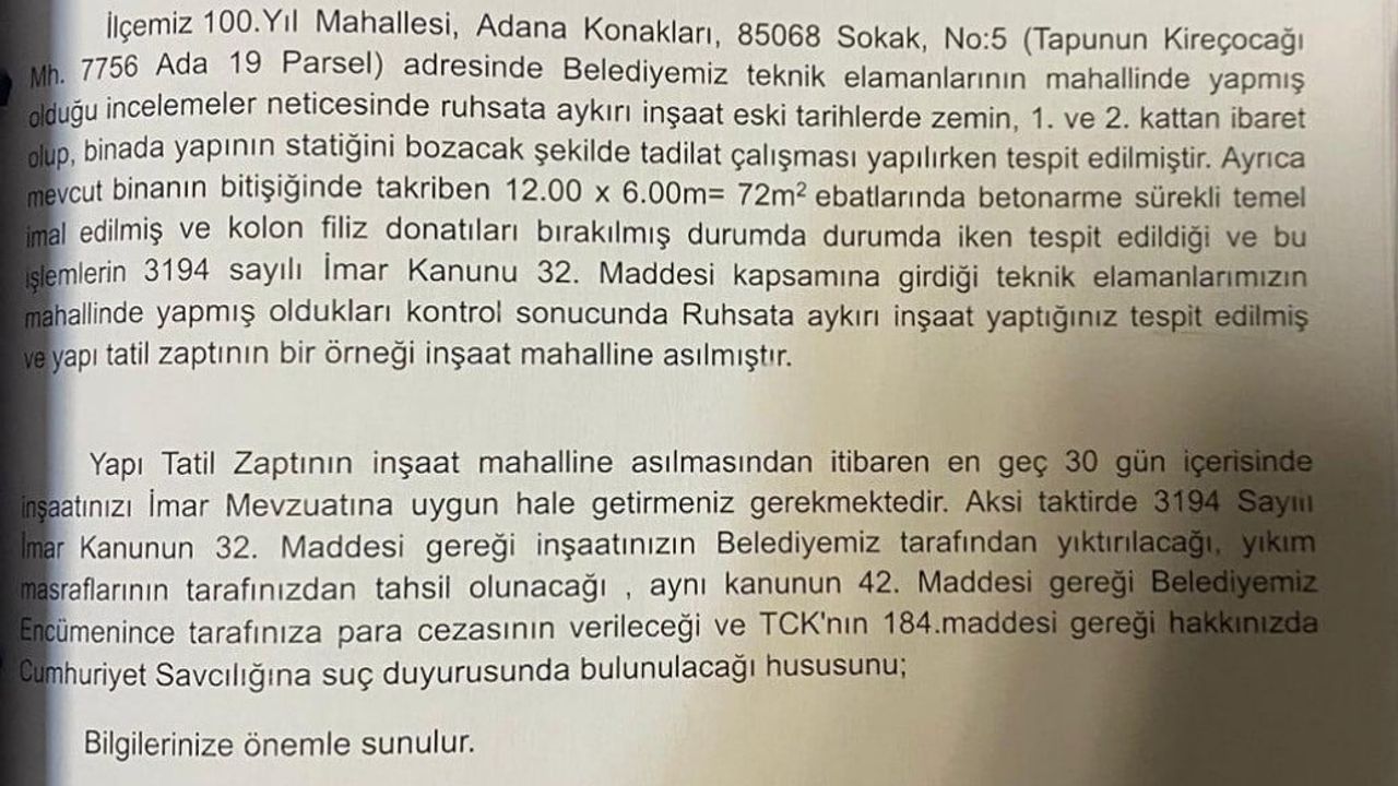 Adana'da İnci Makal'a Kaçak İnşaat İddiası: Dubleks Mühürlendi, Risk Raporu