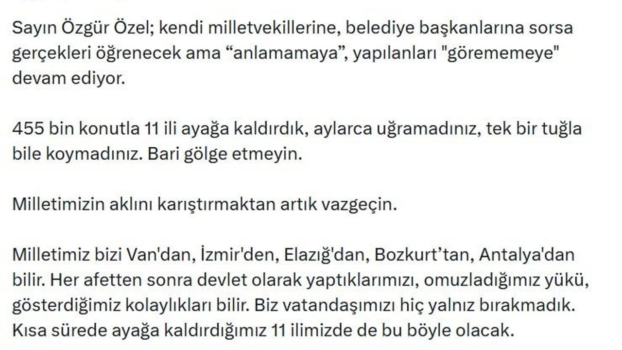 Bakan Kurum'tan Özgür Özel'e Yanıt: '455 bin konutla 11 ili ayağa kaldırdık'