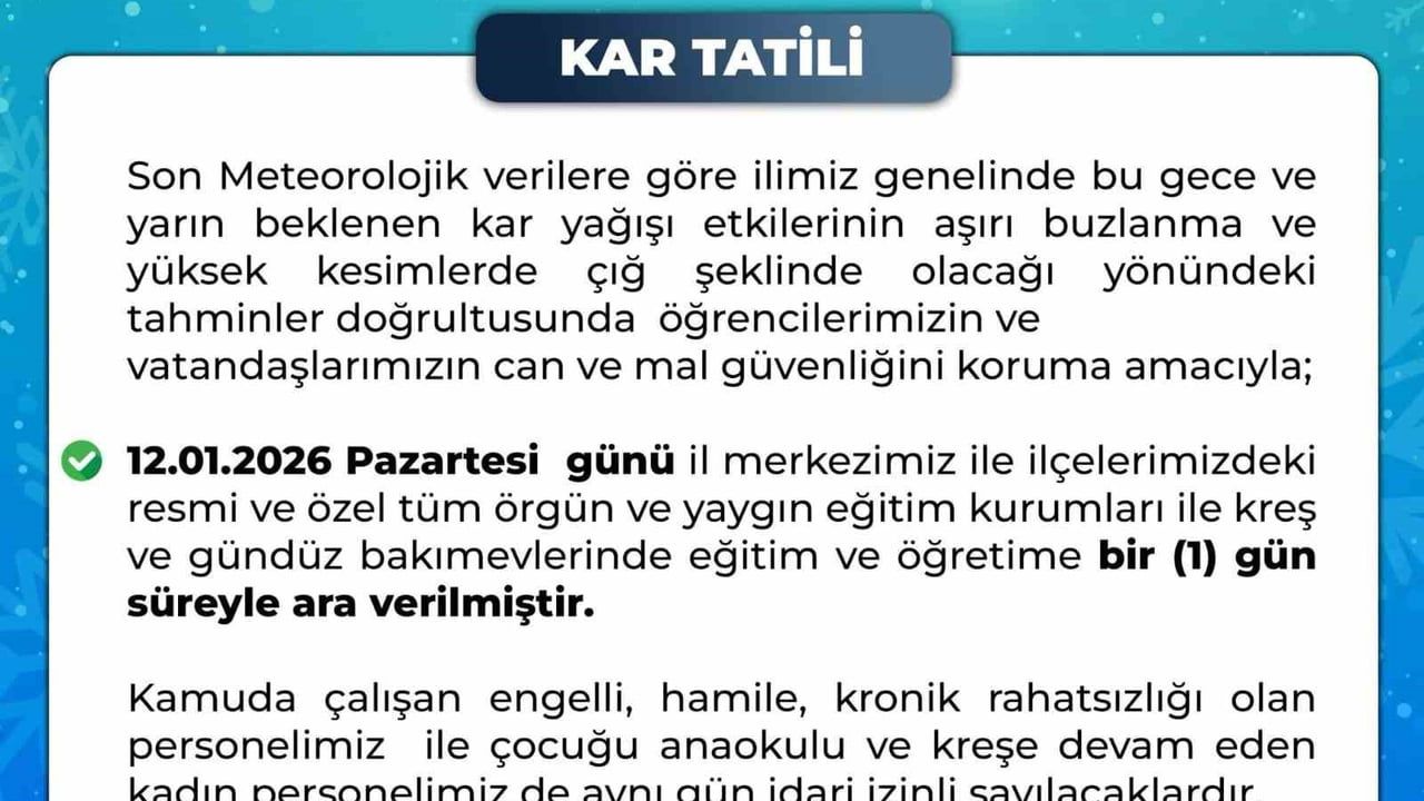 Bingöl'de 12.01.2026 Pazartesi Eğitime 1 Gün Ara — Kar ve Buzlanma