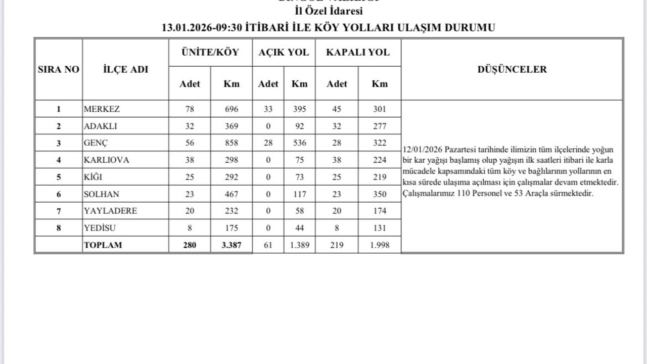 Bingöl'de Karla Mücadele: 219 Köy Yolu Kapalı