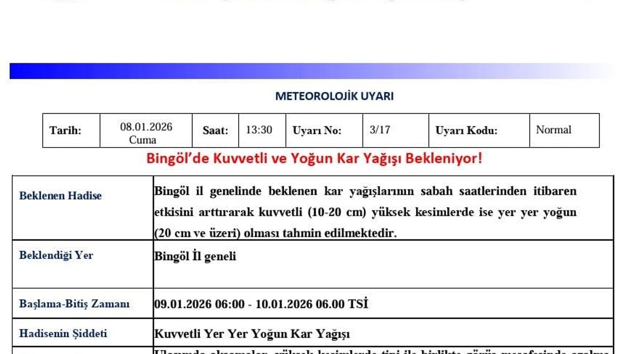 Bingöl'de Kuvvetli ve Yoğun Kar Uyarısı