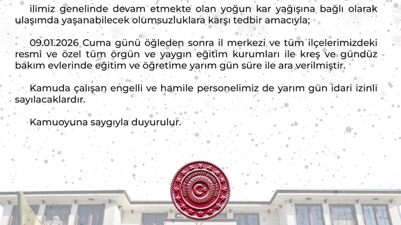 Bingöl'de Yoğun Kar Nedeniyle Eğitime Yarım Gün Ara