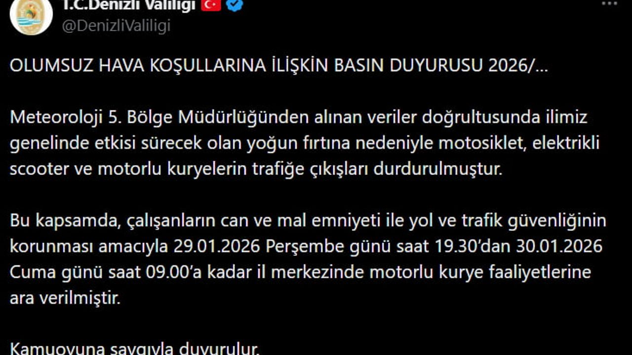 Denizli'de Fırtına Nedeniyle Motorlu Kurye Trafiğe Çıkışı Durduruldu