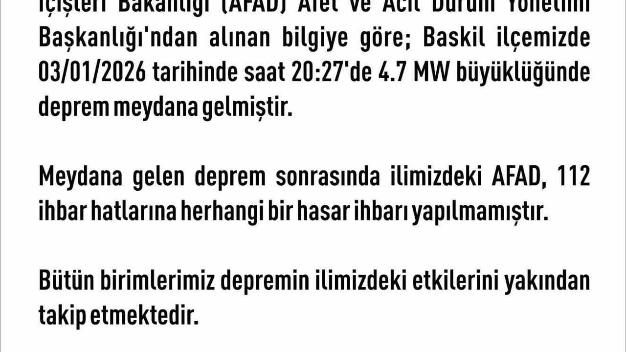 Elazığ'da 4.7 Deprem: Valilikten 'Hasar İhbarı Yok' Açıklaması