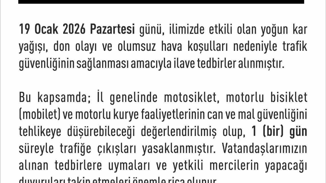 Elazığ'da Motosiklet, Mobilet ve Motorlu Kuryelere 19 Ocak 2026 Trafik Yasağı