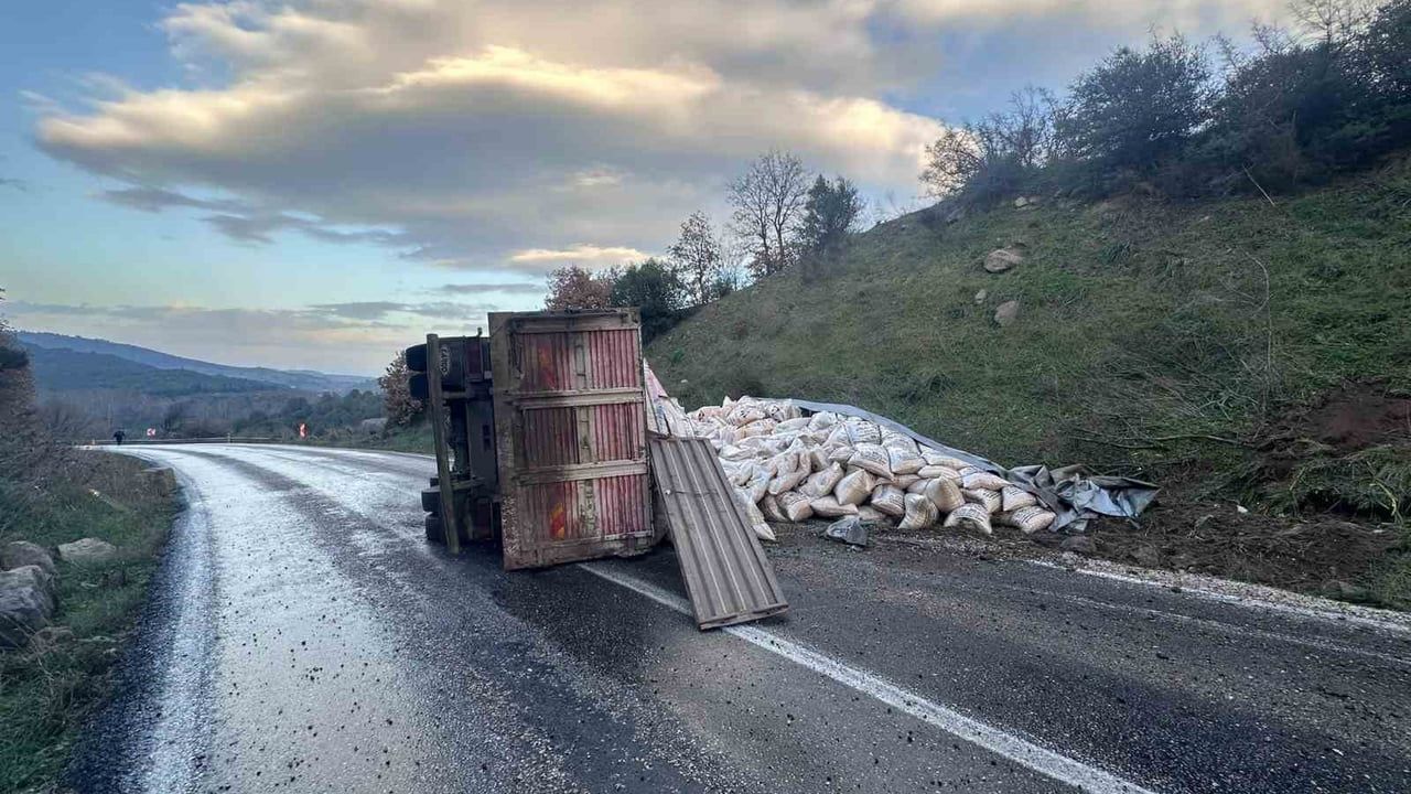 Gönen-Denizkent Yolunda Yem Yüklü Kamyon Devrildi