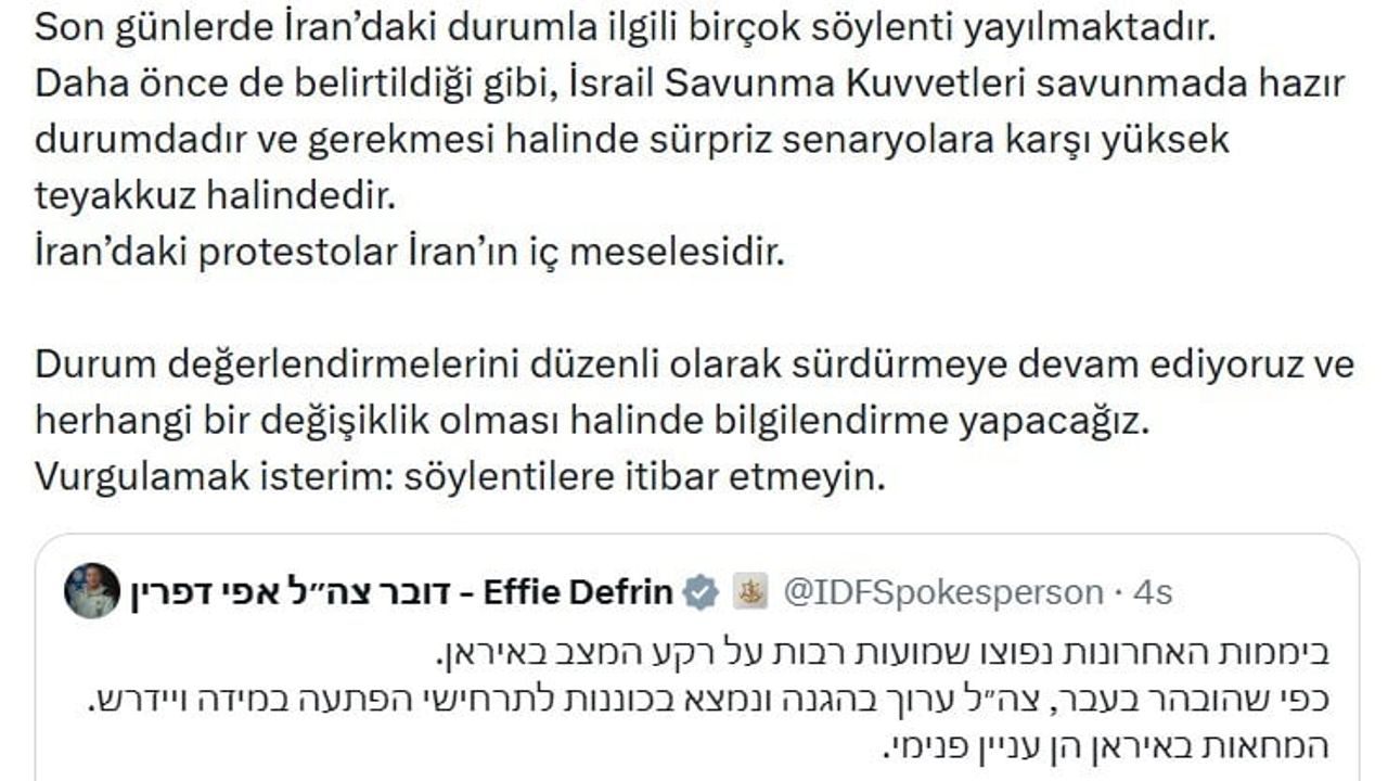 İsrail Ordusu'ndan İran Açıklaması: 'Yüksek Teyakkuz Halindeyiz'