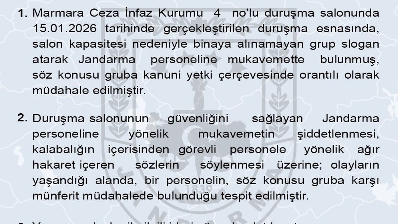 Jandarma Genel Komutanlığı: Marmara Ceza İnfaz Kurumu'nda 15 Ocak'ta Orantılı Müdahale