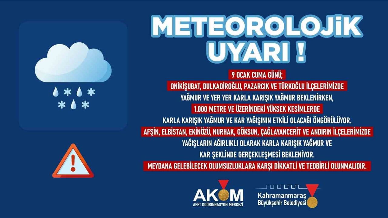 Kahramanmaraş'ta 9 Ocak Yağış Uyarısı: İlçe İlçe Kar ve Yağmur Beklentisi