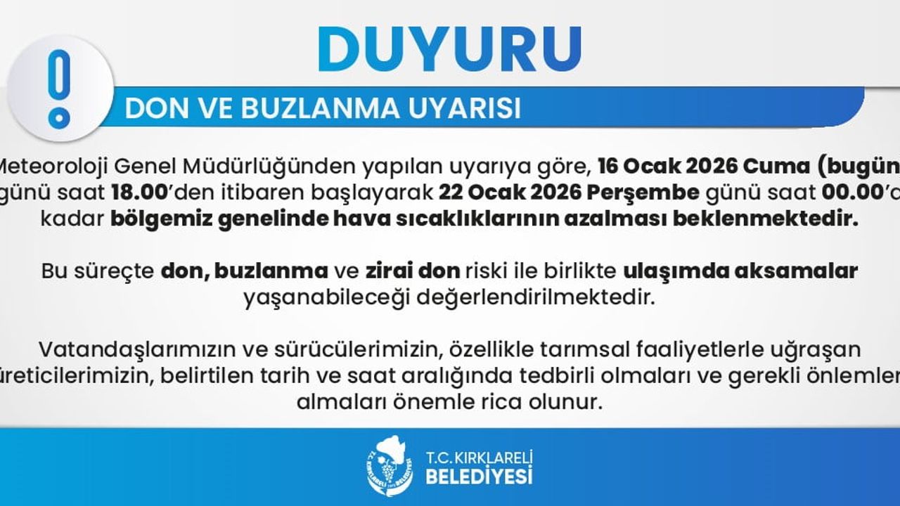 Kırklareli'nde 6 Gün Sürecek Don ve Buzlanma Uyarısı