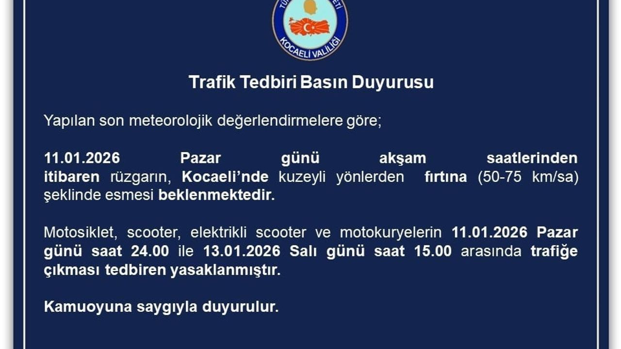 Kocaeli'de Motosiklet, Scooter ve Motokuryelere 11.01.2026-13.01.2026 Trafik Yasağı