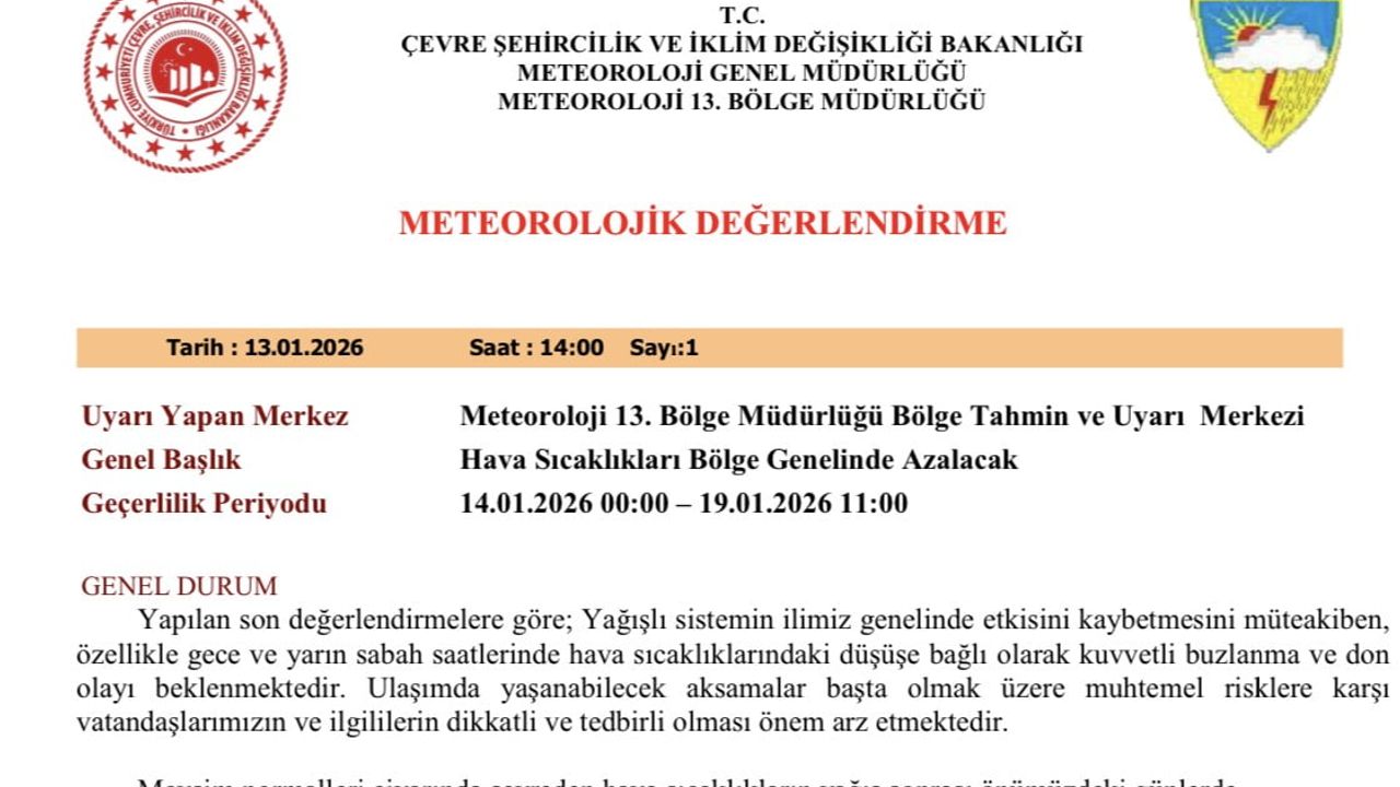 Meteoroloji 13. Bölge'den 5 ile kuvvetli buzlanma ve don uyarısı
