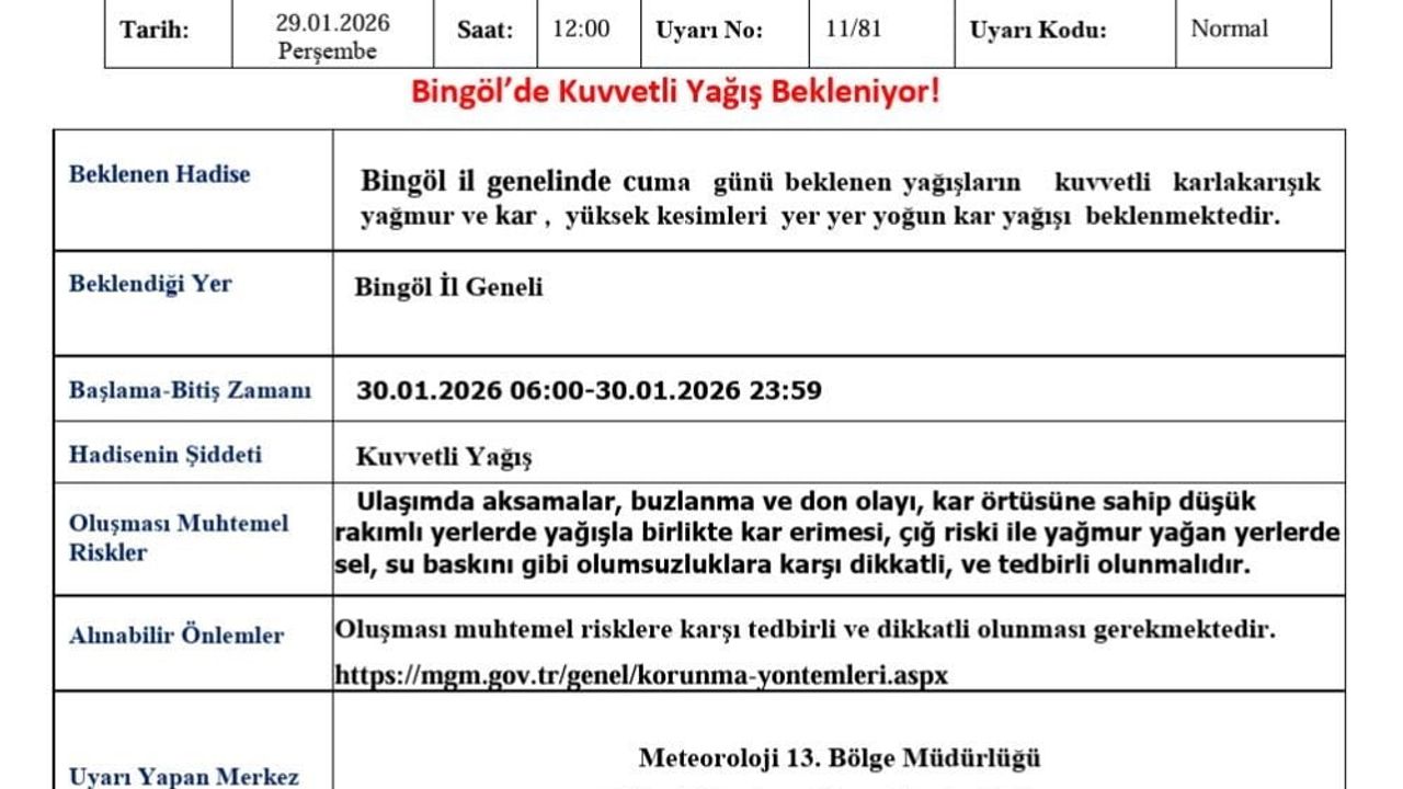 Meteoroloji 13. Bölge Müdürlüğü'nden Bingöl için kuvvetli yağış uyarısı