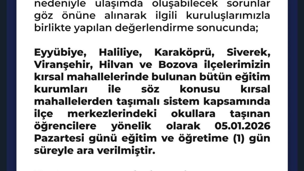 Şanlıurfa'da Kırsal Okullar 5 Ocak 2026'da Buzlanma Nedeniyle Tatil