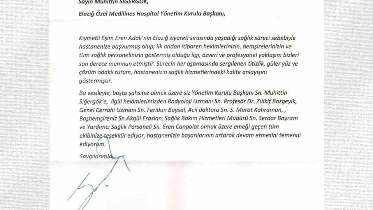 Serdal Adalı'dan Elazığ Medilines Hospital'a Teşekkür