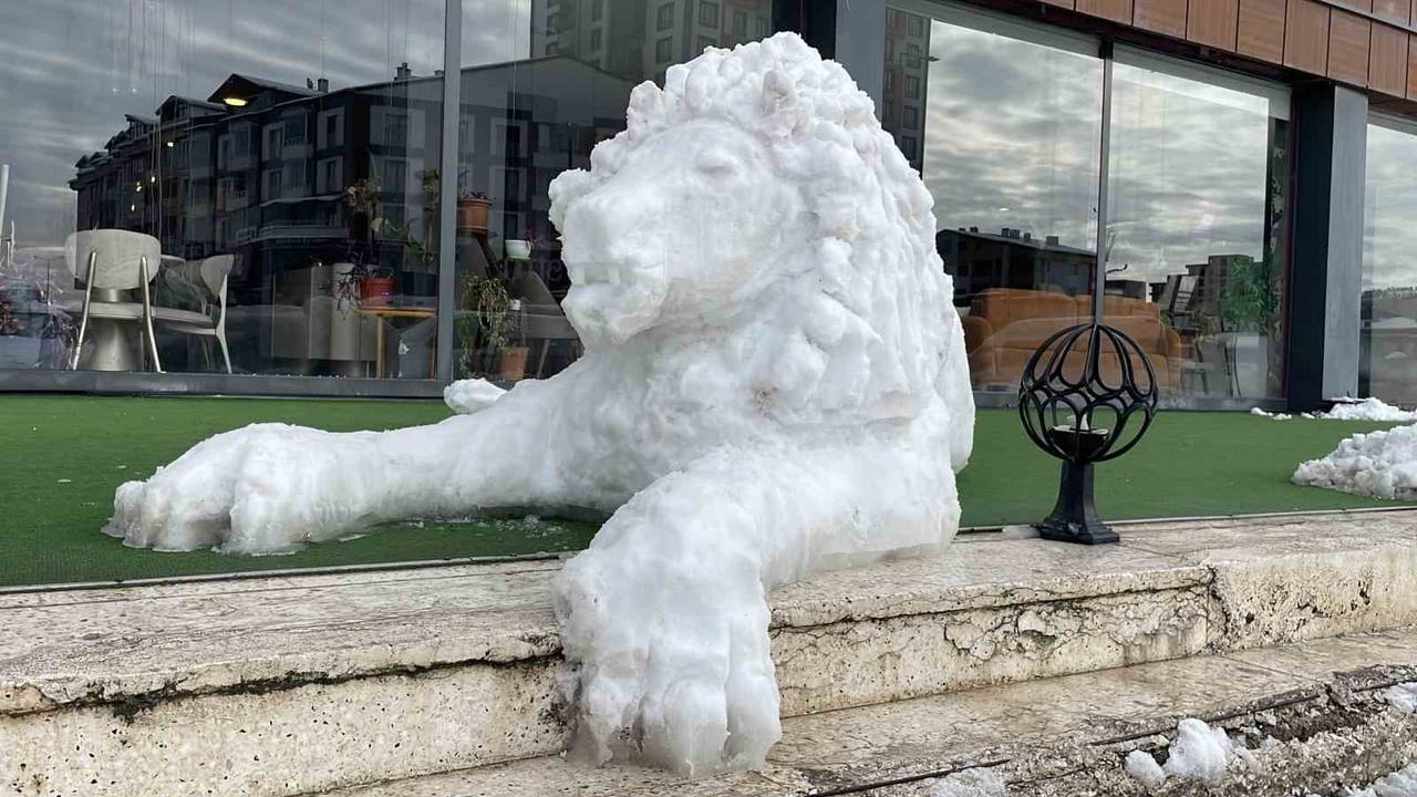 Sivas'ta Kaşıkla 3 Saatte Yapılan Kardan Aslan