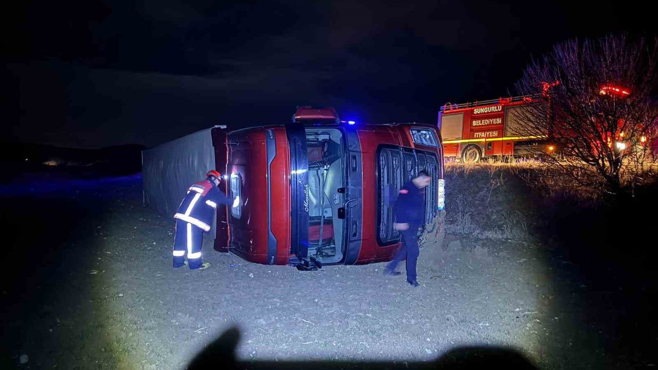 Sungurlu'da Köpeğe Çarpmamak İçin Manevra: Tır Şarampole Devrildi, 1 Yaralı