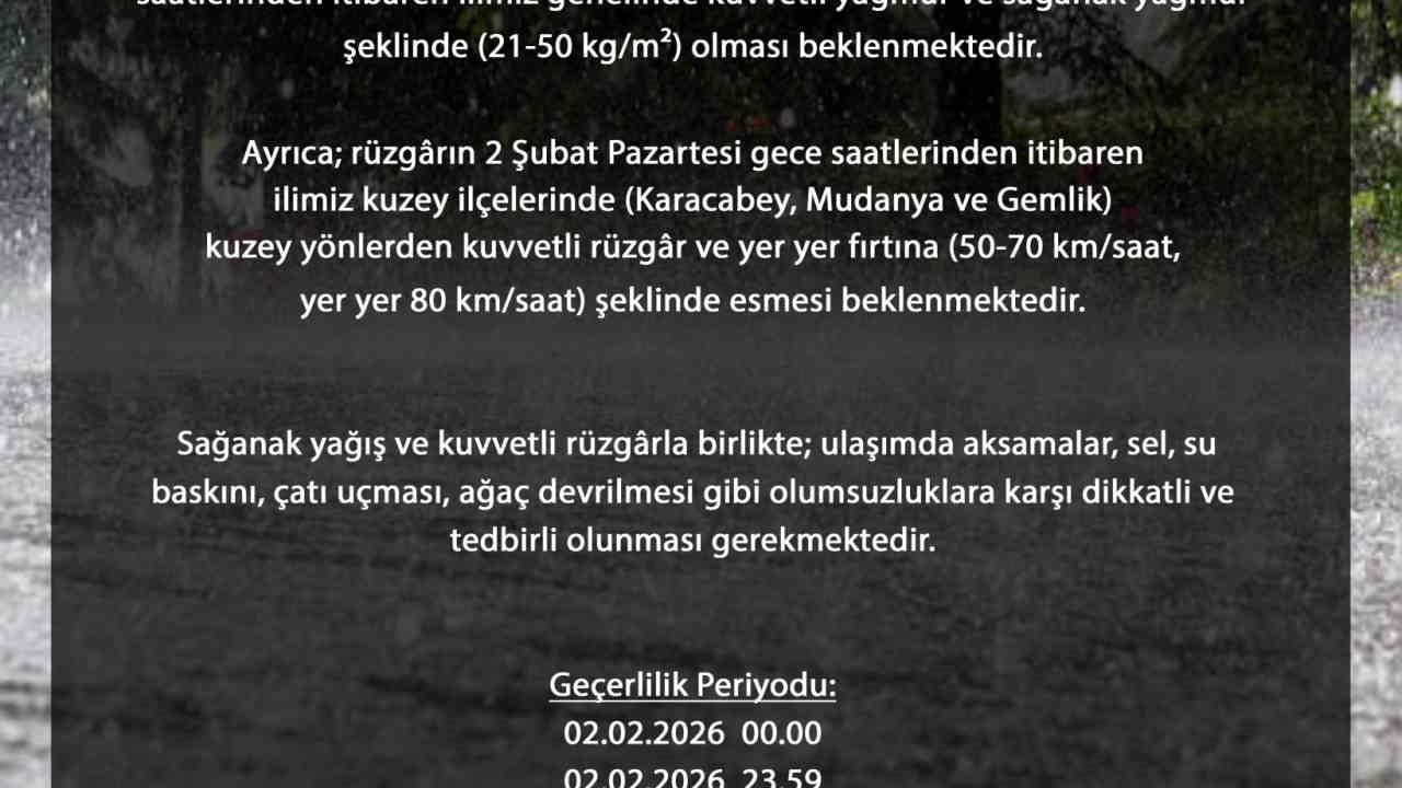 Bursa'da 2 Şubat Pazartesi Kuvvetli Sağanak ve Fırtına Uyarısı