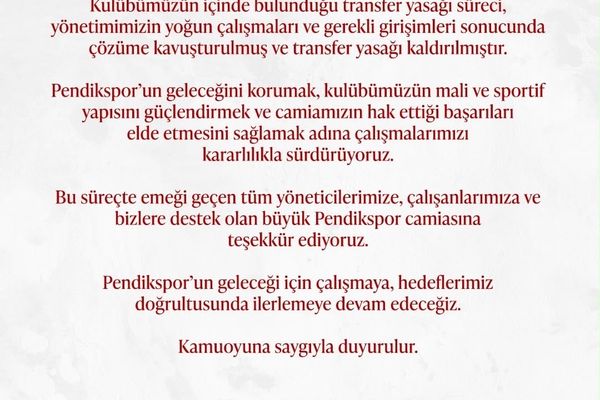Pendikspor mali disiplinle transfer yasağını kaldırdı