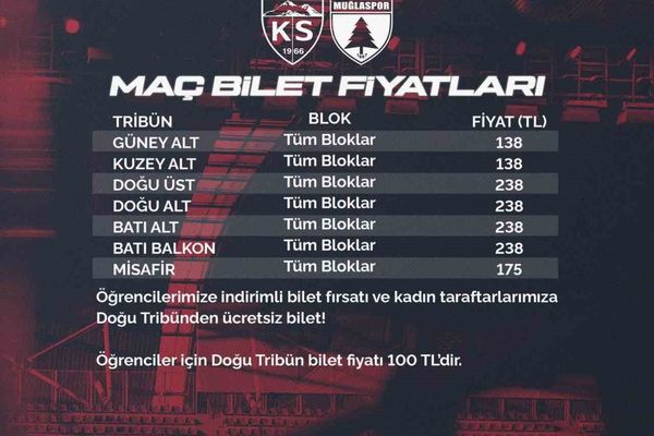 Kayserispor-Muğlaspor maçı için bilet ücretleri ve satış saati açıklandı