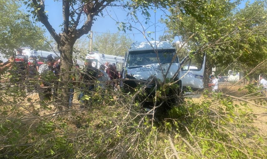işçileri taşıyan minibüs karşı şeride geçip ağaca çarptı: 14 yaralı