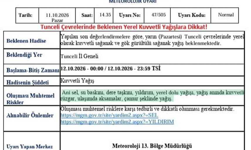Tunceli için kuvvetli yağış uyarısı: ulaşım ve su baskınlarına dikkat