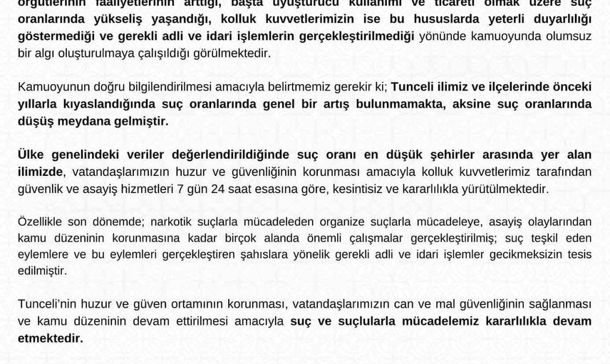 Tunceli valiliği huzurun sürdüğünü, suç oranlarının düştüğünü vurguladı