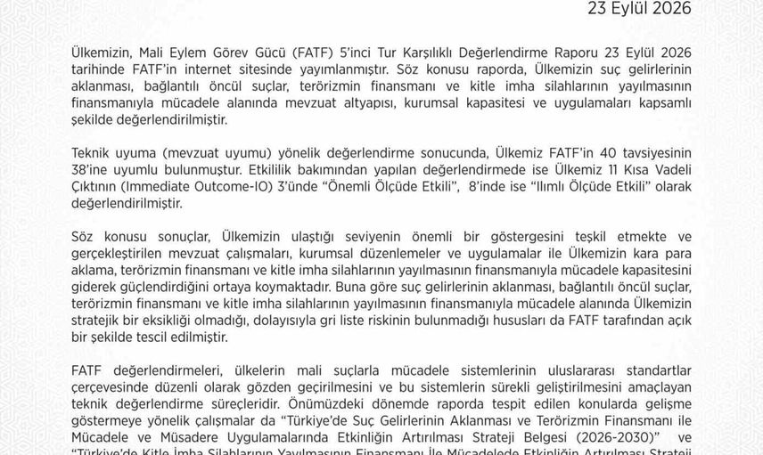 FATF değerlendirmesi: Türkiye 40 tavsiyeden 38'inde teknik uyum sağladı