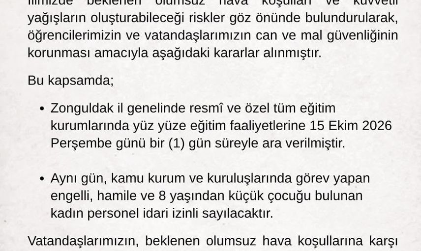 Zonguldak'ta kuvvetli yağış uyarısı: eğitim bir gün durduruldu