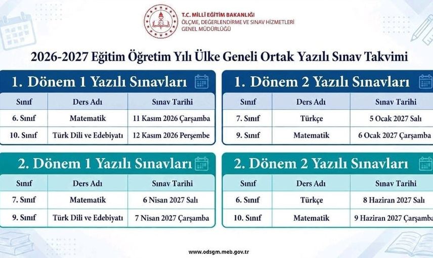 Ortak yazılı sınav takvimi 2026-2027 için açıklandı