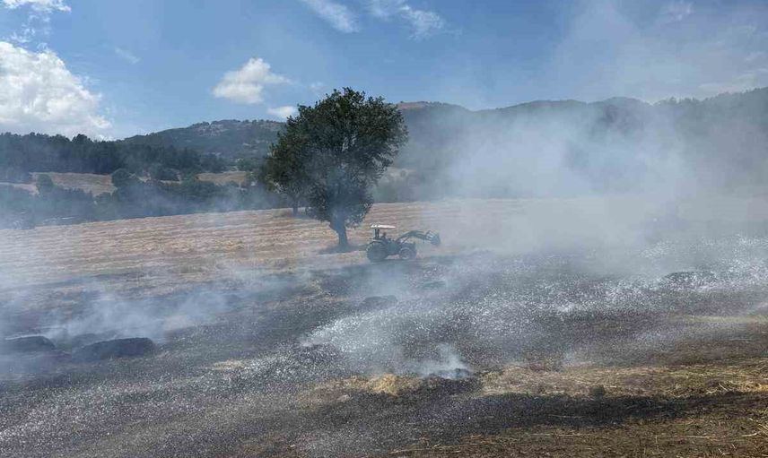 Balya makinesinden çıkan kıvılcımlar tarlada yangın başlattı, ormana sıçması engellendi