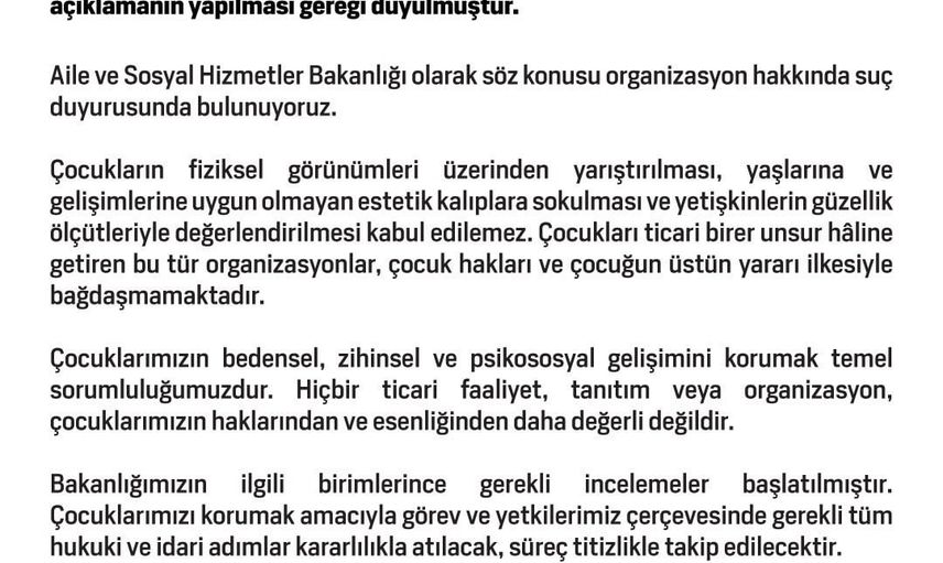 Aile ve Sosyal Hizmetler Bakanlığı'ndan 'Little Miss and Little Mister United World' iddialarına suç duyurusu