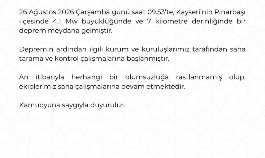 Kayseri'de Pınarbaşı merkezli 4,1 mw büyüklüğünde sarsıntı; valilik ekipleri sahada