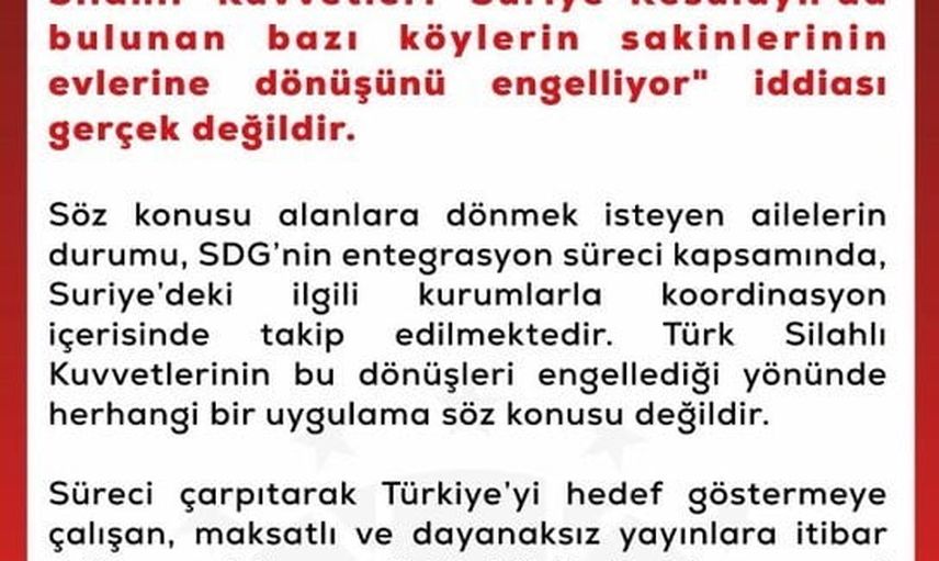DMM'den yalanlama: TSK resulayn'daki dönüşleri engellemiyor