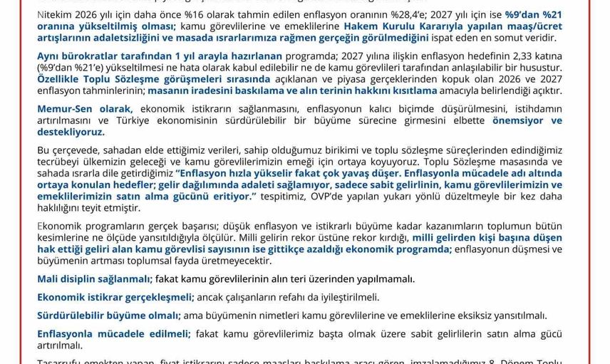 Memur-Sen'den OVP eleştirisi: görev ve emekli maaşlarındaki makas kapatılsın