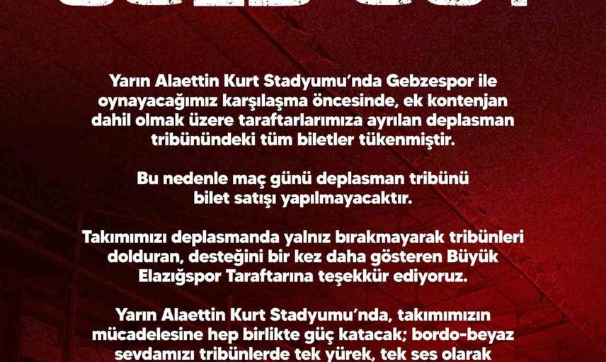 Elazığspor'un Kocaeli desteği: bin 200 bilet maç öncesi tükendi