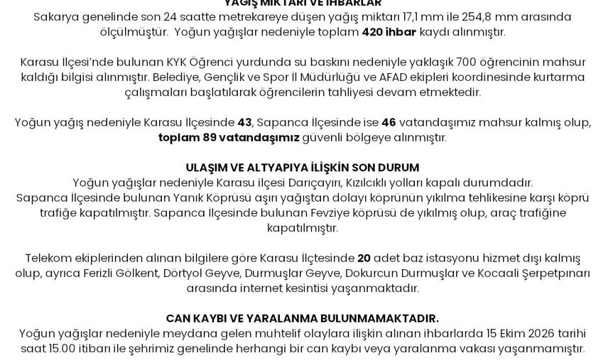 Sağanak sonrası acil müdahale: Sakarya valiliğinin ilk bilançosu