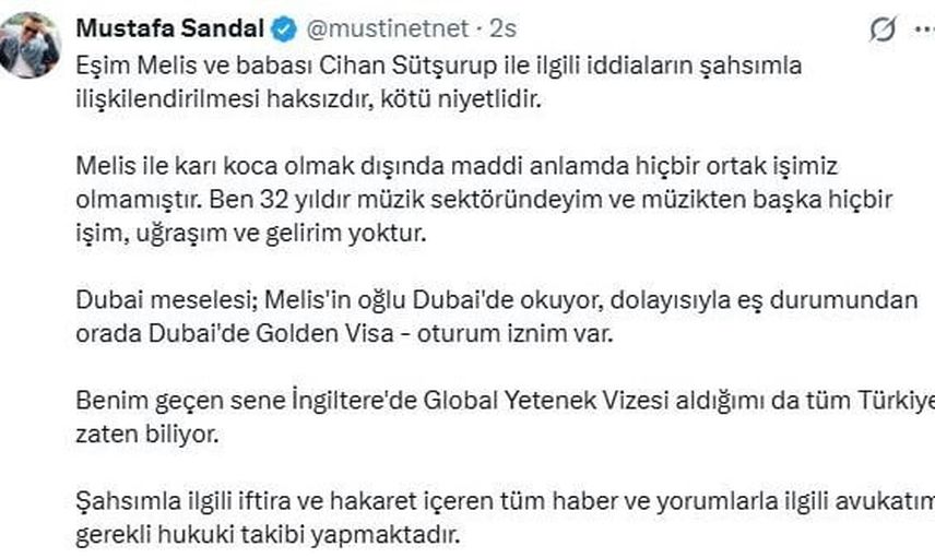 Mustafa Sandal iddiaları reddetti: Melis ile maddi ortaklığımız yok