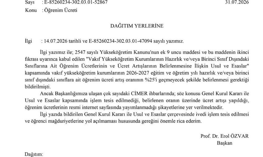 YÖK'ten vakıf üniversitelerine öğrenim ücreti artışına sıkı uyarı