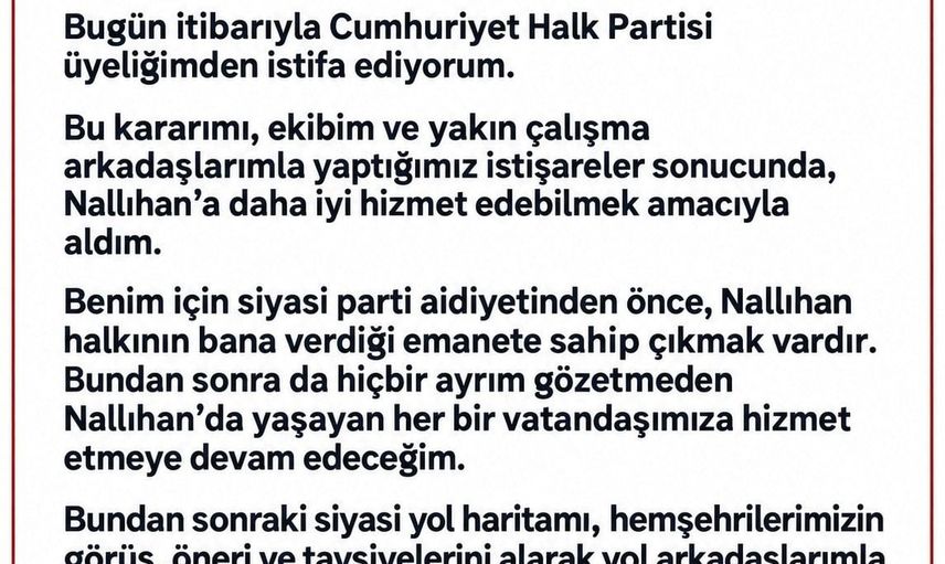 Nallıhan belediye başkanı Ertunç Güngör 'önce emanet' diyerek CHP'den istifa etti