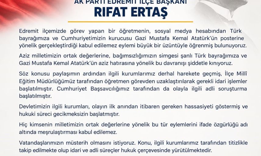 Edremit'te öğretmenin bayrak ve Atatürk posteri paylaşımı tepki topladı