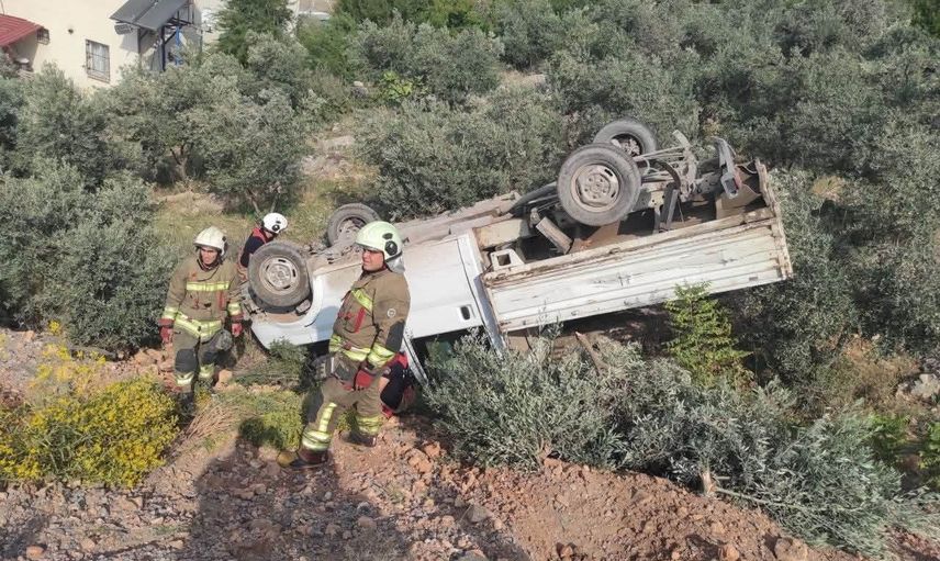 Zeytinliğe düşen kamyonetin sürücüsü hastaneye kaldırıldı